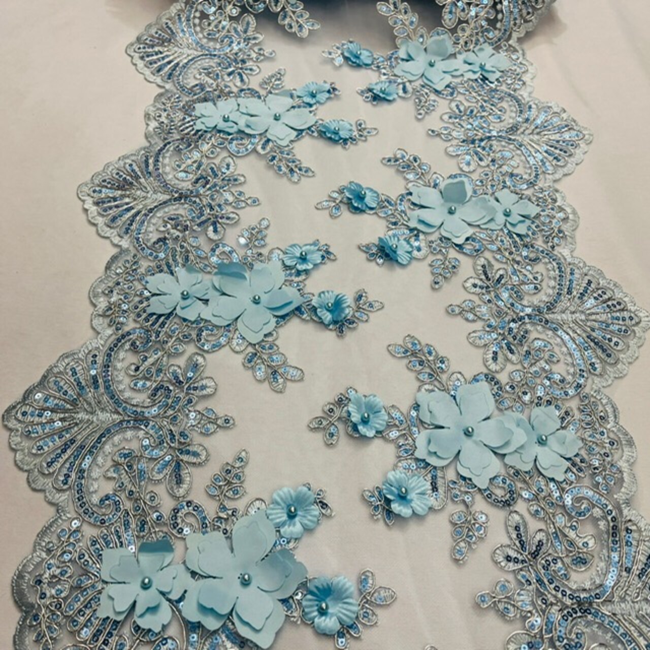 3 Yard Sequin 3D Lace Fabric 33cm Wide Polyester Embroidered Mesh with Pearls & Scalloped Edge